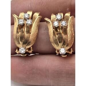 Vintage 14k Yellow Gold Diamond Tulip Earrings Clip Artisan